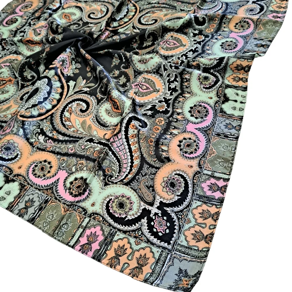 Satin square scarf black Paisley boho colorful neck hair & head elegant 2/$30